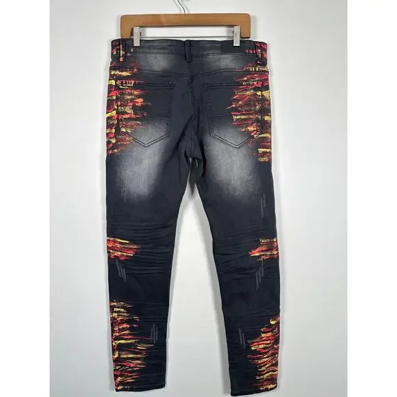 KDNK Smocked PU Jeans With Multi-Paint Splatter Mens Size 34 - Picture 5 of 11